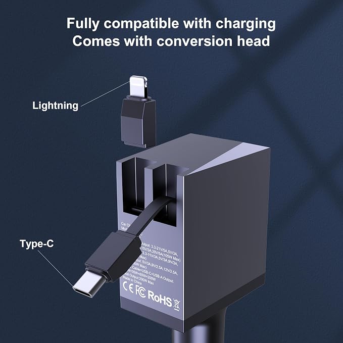 Aftertop 200W Retractable Car Charger, 3-in-1 Independent Fast Charging - Image 4