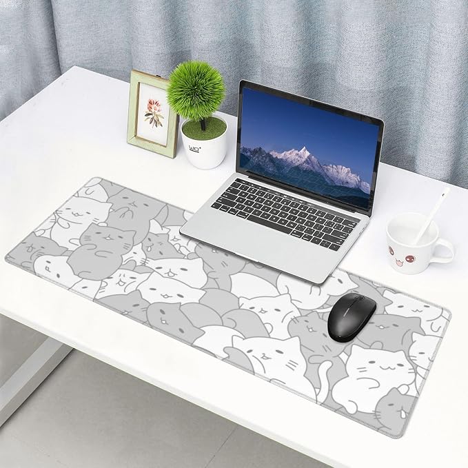 White Kawaii Cats E-Sport Mouse Pad Large Desk Mat Non-Slip Rubber Base - Image 6