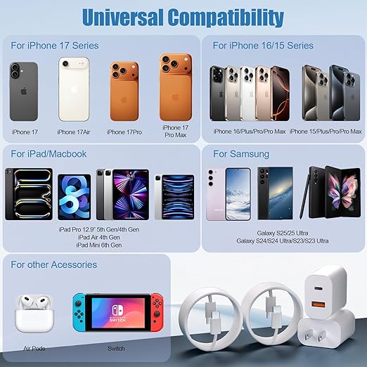 Dual Port USB A/C Charger for iPhone 16 Pro 10FT Woven USB C Fast Cable - Image 3