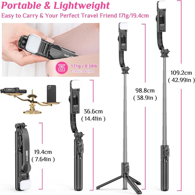 Selfie Stick Tripod with Fill Light, All in One Extendable Selfie Stick with - Image 6