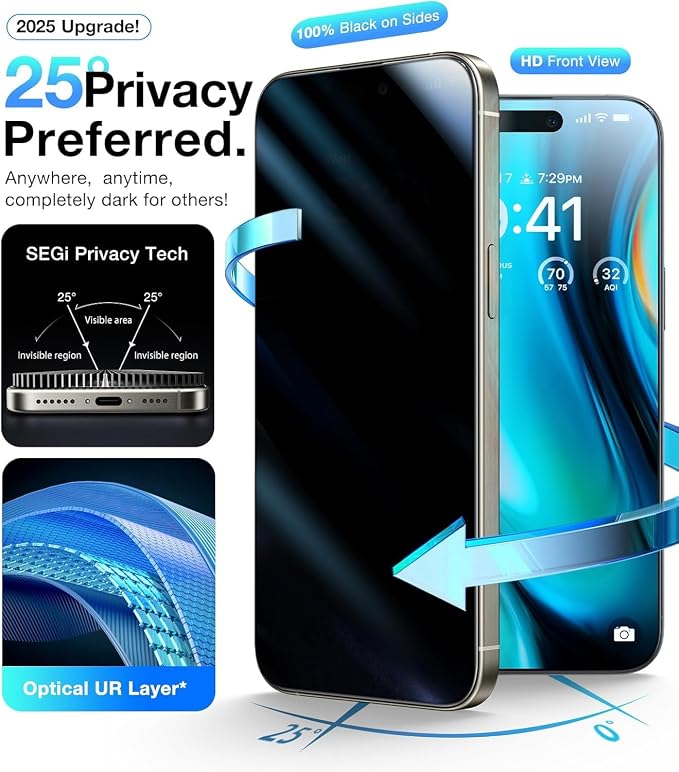 3 Pack for iPhone 16 Pro Max Privacy Screen Protector + 2 Camera Lens 9H+ Full - Image 3