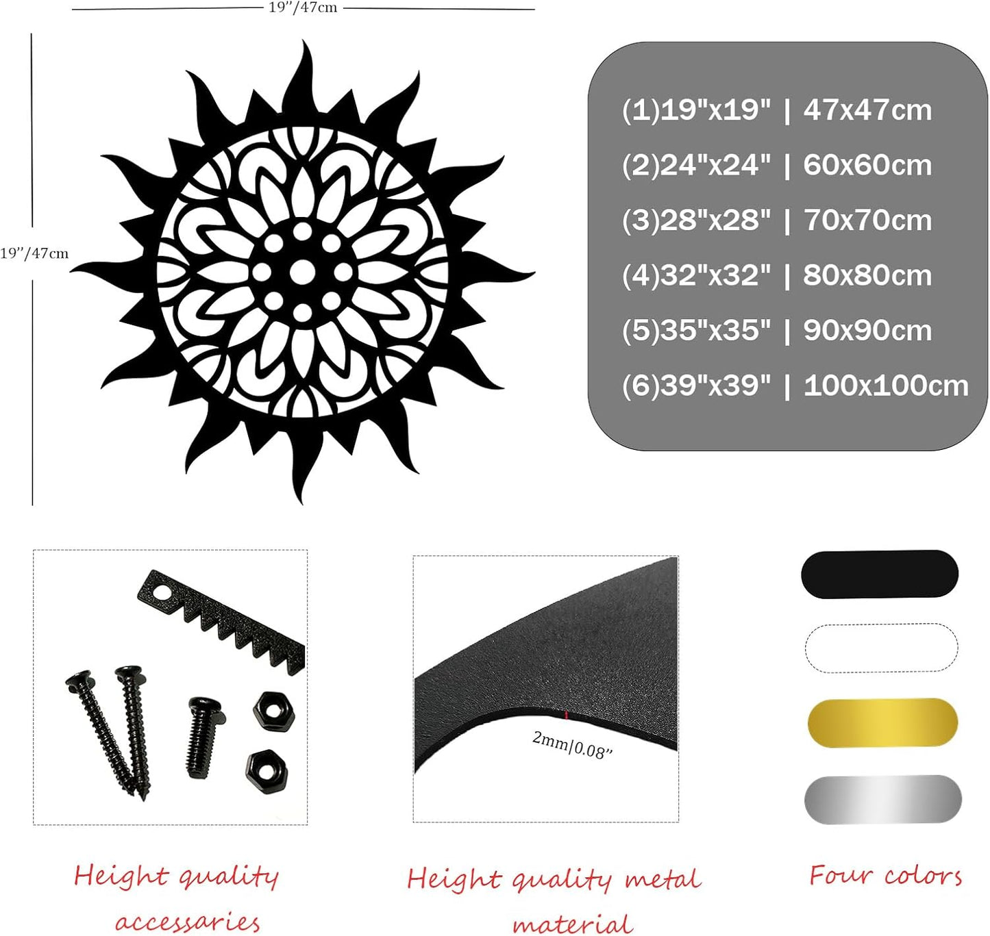 Sunburst Metal Wall Decor, Unique Sun Flower Design, Outdoor & Indoor Wall Art for Living Room, Bedroom, or Patio, Home Decor (Black, 24"x24"|60x60cm)
