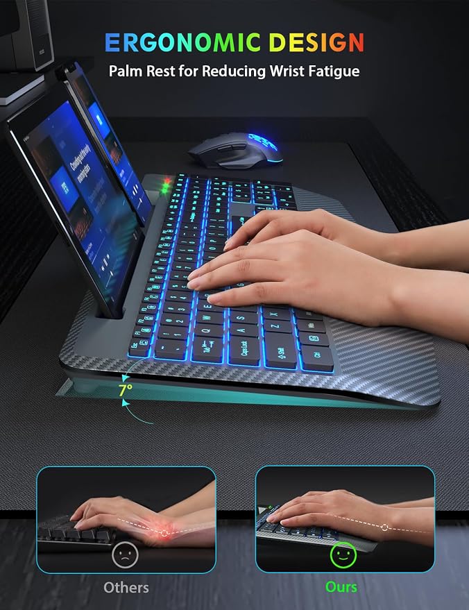 Wireless Keyboard and Mouse Backlits, Wrist Rest, Jiggler Mouse, Rechargeable - Image 3