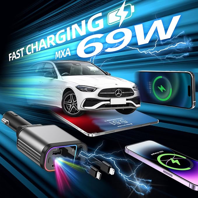 Fast Car Charger with Starlight, 4 in 1 Retractable Car Charger, 69W USB C - Image 5