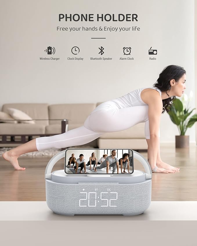 Bluetooth Speaker with Wireless Charger, FM Radio, Dimmable Bedside LED Night - Image 5