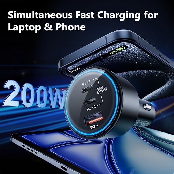 200W Super Fast Car Charger for iPhone 16/15 Pro Max, 3-Port USB C Car Charger - Image 2