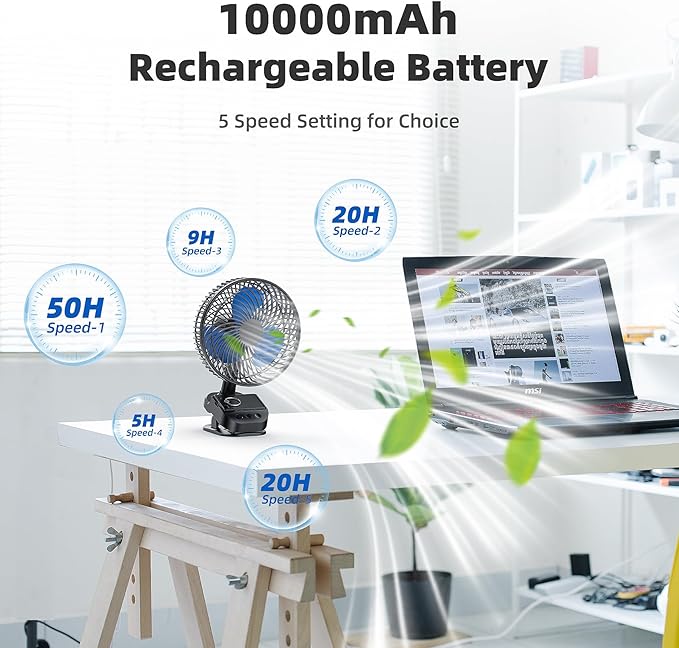 ATEngeus 4 in1 USB Fan, 8” Clip Fan, 10000mAh Rechargeable Table Fan, 5 Speeds - Image 2