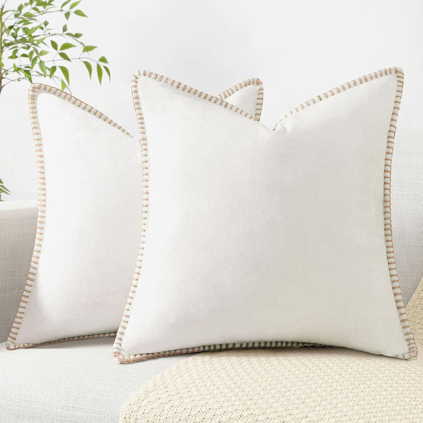 decorUhome Chenille Soft Throw Pillow Covers 16x16 Set of 2, Farmhouse Velvet Neutral Decorative Euro Pillow Covers with Stitched Edge for Couch Sofa Bed Home Decor, Cream White
