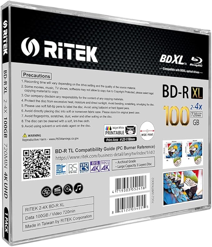 10 Pack Ritek BD-R XL BDXL 100GB Triple Layers 4X White Inkjet Hub Printable - Image 2