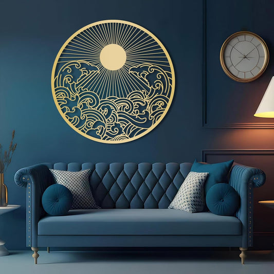 flyoak Metal Sun Wall Decor Outdoor, Sunrise Metal Wall Art, Metal Wave Wall Art, Sunrise and Wave Wall Decor, Sunburst Wall Art, Sunset Wall Art, Wall Hangings for Bedroom (Gold, 39x39in|100x100cm)