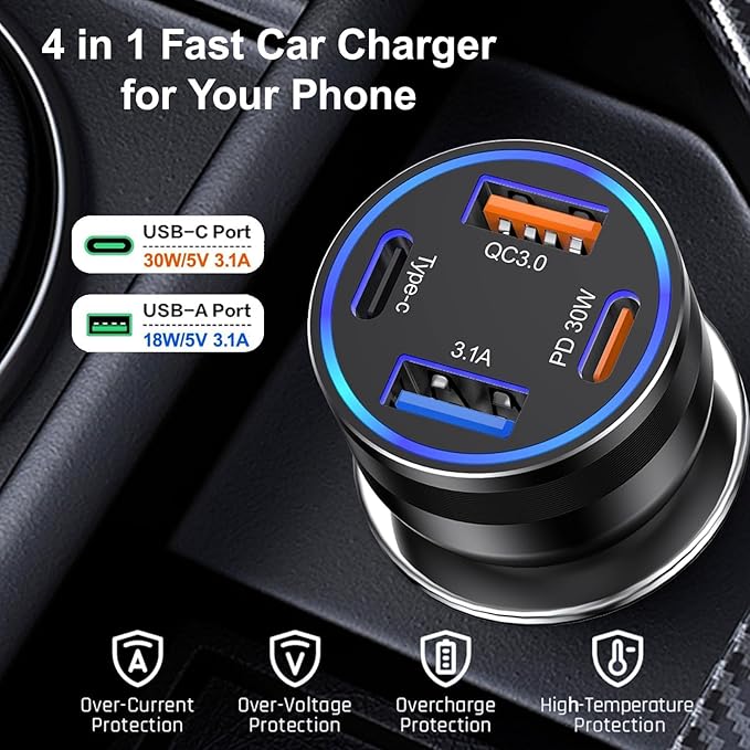 65W USB C Car Charger, 5 Pack 4-Port PD Super Fast Charging Type C Car Charger - Image 7