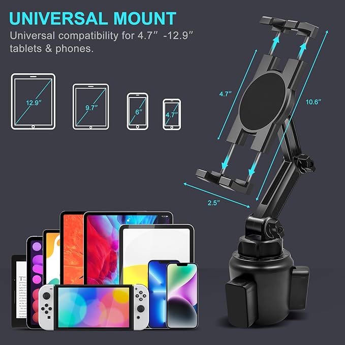 Cup Holder Car Tablet Mount, 360° Adjustable 2-Arm Stand Holder - Image 3