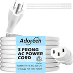 Adoreen 10 Ft Computer TV Replacement Power Cord White, 18AWG 3-Prong AC by Adoreen