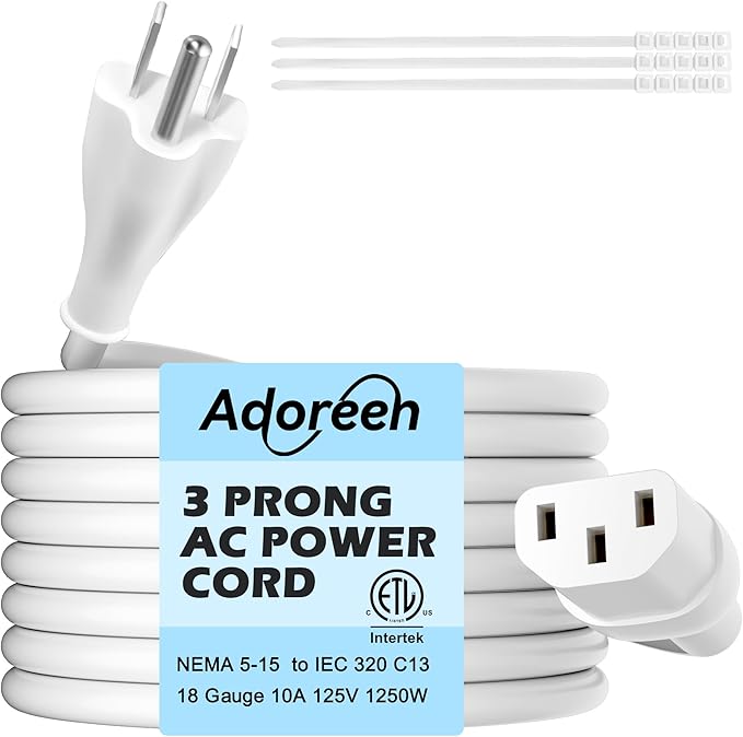 Adoreen 4 Ft Computer TV Replacement Power Cord White, 18AWG 3-Prong AC by Adoreen