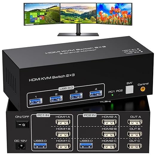 8K 60Hz HDMI KVM Switch 3 Monitors 2 Computers 4K 120Hz USB 3.0 KVM Switches by ATLAHET