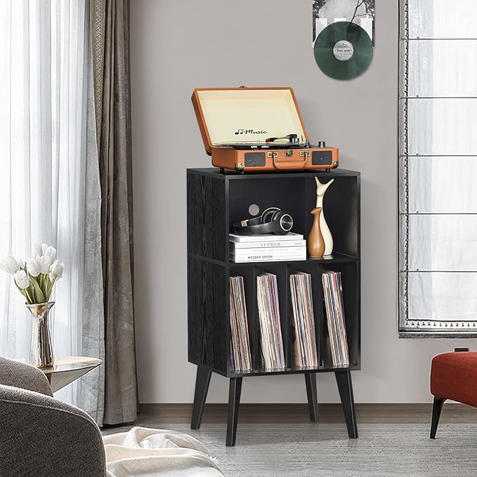 Lerliuo Record Player Stand, Mid-Century Vinyl Storage Cabinet Table - Image 2