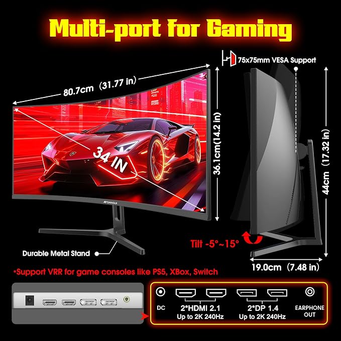 SANSUI 34 Inch 3440x1440P 240Hz Ultrawide UWQHD Gaming Monitor, 21:9 2K Curved - Image 9