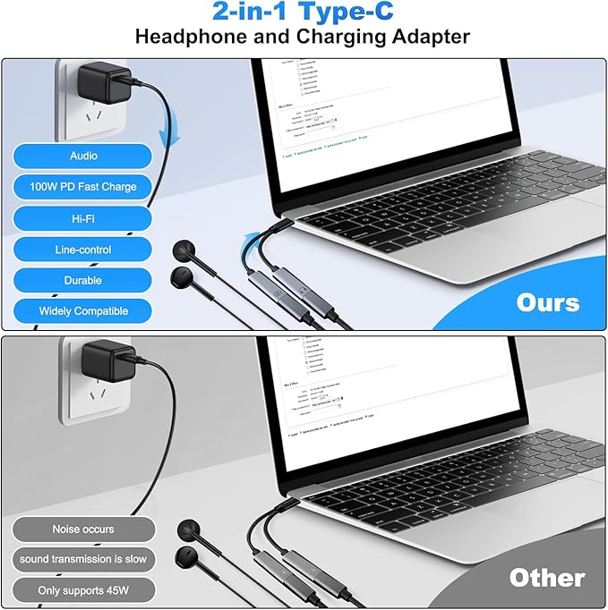 USB C Splitter，2 in 1 USB C Headphone and Charger Adapter Audio Dongle Cable - Image 5