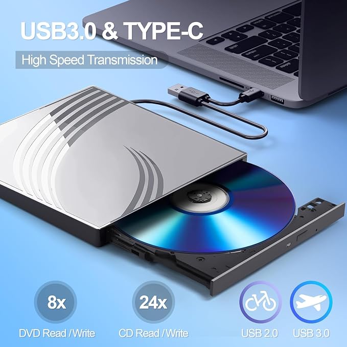 External CD/DVD Drive for Laptop, Ultra Slim CD Burner USB 3.0 Hub - Image 2