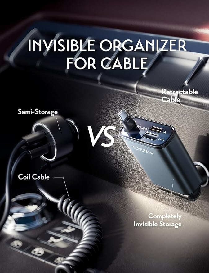 LISEN Car Charger USB C Fast Charging Retractable, 【75% Less, Ultra Mini】 57W - Image 4