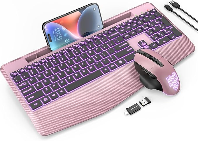 Wireless Keyboard and Mouse Backlits, Wrist Rest, LED Mouse, Rechargeable by SABLUTE