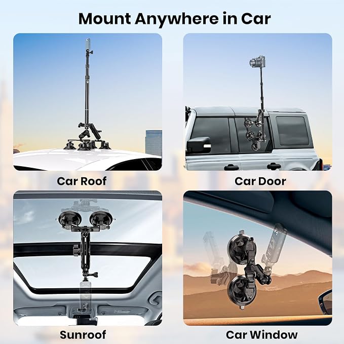 Suction Car Mount for GoPro/Insta360/DJI | Aluminum Alloy Extendable Selfie - Image 2