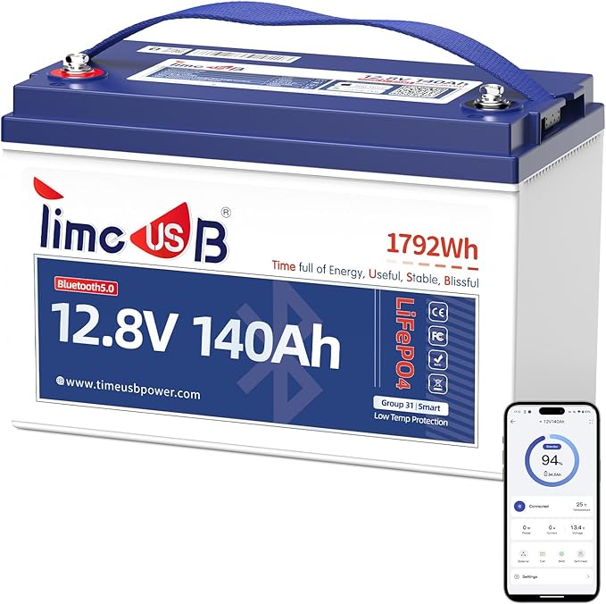 Smart Bluetooth 12V 140Ah LiFePO4 Battery, 12 Volt Lithium Battery by Timeusb
