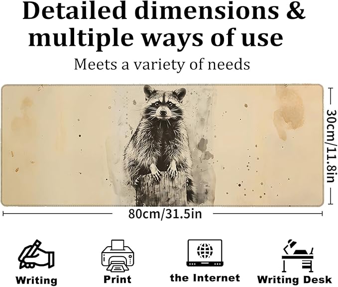 Vintage Raccoon Gaming Mouse Pad, Large Office Desk Mat, Anti-Slip Rubber Base - Image 3