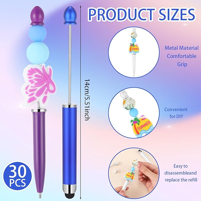 Qilery 30 Pcs Beaded Pens with Stylus Tips Plastic Beaded DIY Stylus 2-in-1 - Image 2