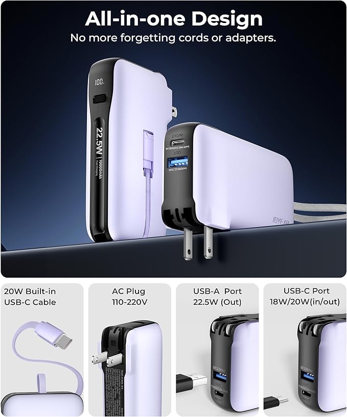 Portable Charger with Built-in USB-C Cable & Plug, 000mAh 5V/4.5A Power Bank - Image 2