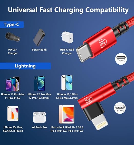 90 Degree USB C to Lightning Cable 10FT, iPhone Charger 3Pack Fast Charging - Image 8
