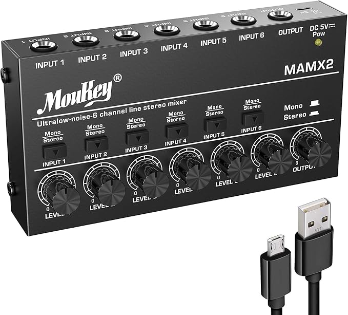 Moukey Audio Mixer, DC 5V, 6 Stereo Ultra, Low Noise 6 Channel Line Mixer by Moukey