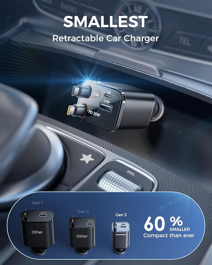 SUPERONE Retractable USB C Car Charger, Phone Car Charger Fast Charging - Image 2