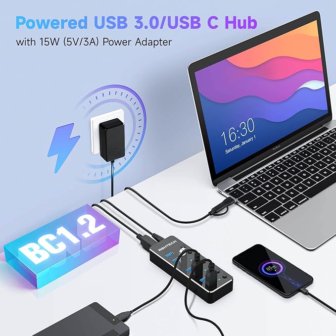 Powered UBS Hub, RSHTECH 7 Port USB 3.0/USB C Hub Upgraded Version Aluminum USB - Image 2