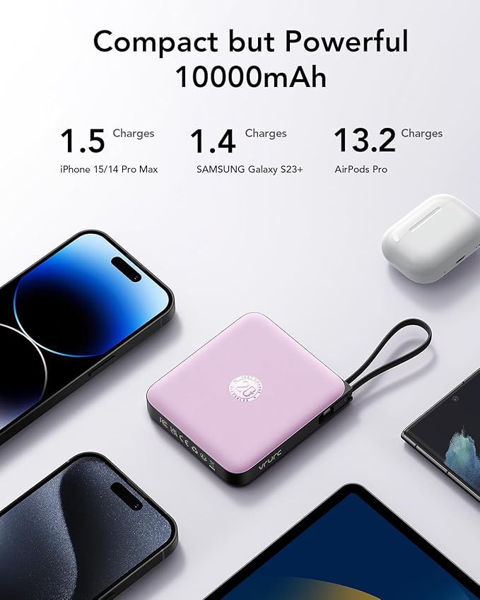VRURC Portable Charger with Built-in Cable, 10000mAh Power Bank, 22.5W/PD20W - Image 3