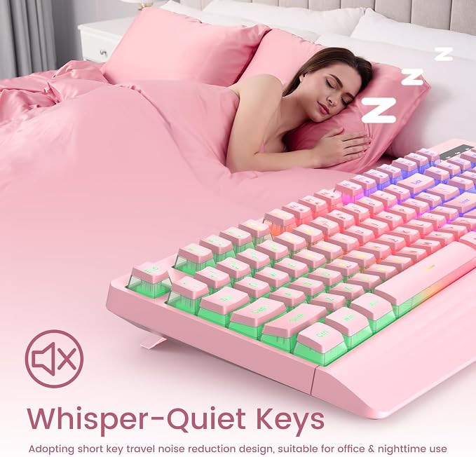 Pink Creamy Keyboard, Rainbow LED Backlit, 104 Keys Silent Light Up Gaming - Image 4