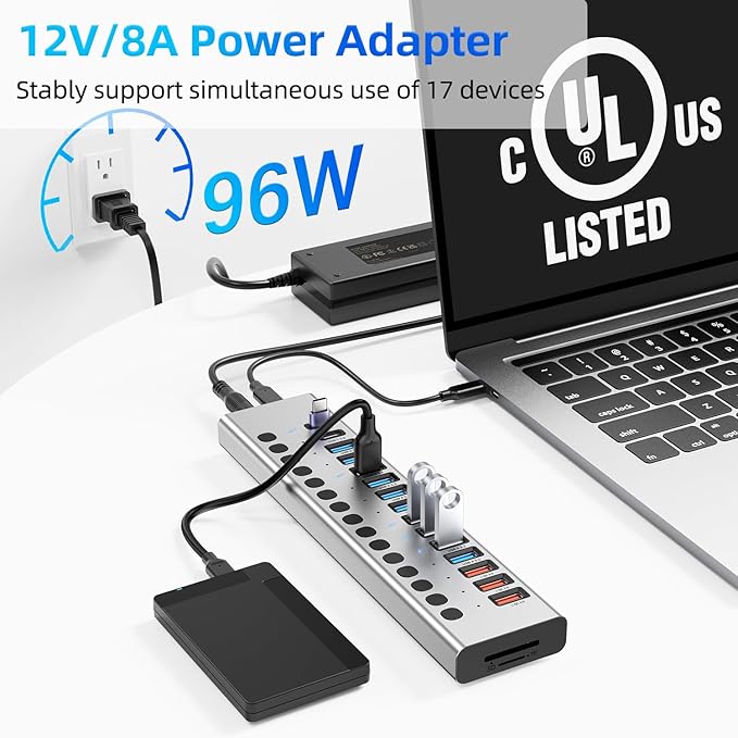 Powered USB Hub 10Gbps, 17 Ports 96W USB 3.2 Hub, 12V/8A Power Adapter - Image 4