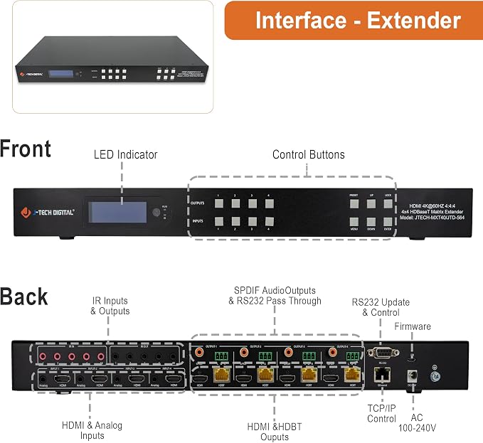 J-Tech Digital HDBaseT 4x4 Matrix Extender Switcher Supports HDMI2.0 HDCP2.2 - Image 3