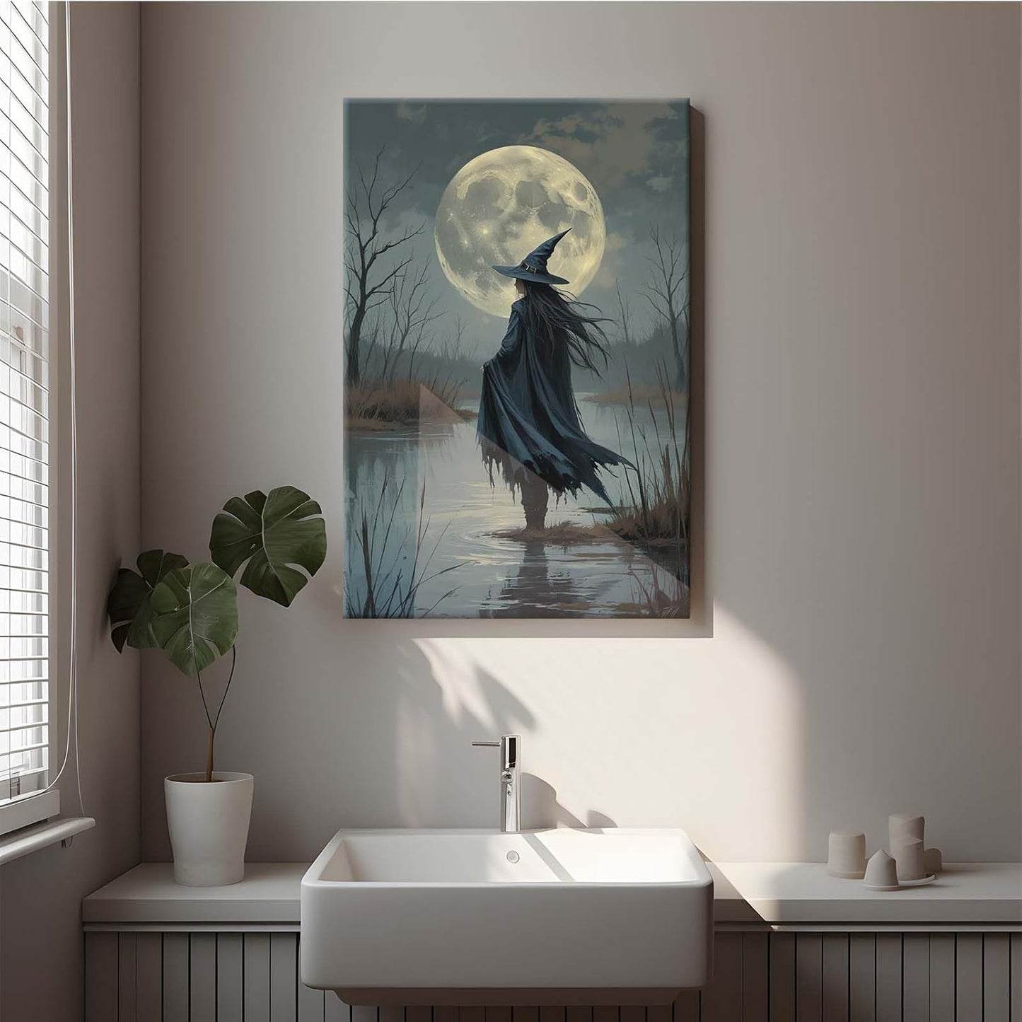 JFHCQJPK Witch in the moonlight magic canvas wall art enchanting Halloween home decor swamp witch silhouette oil painting mysterious gothic aesthetic wall decor print poster24x36in Frameless