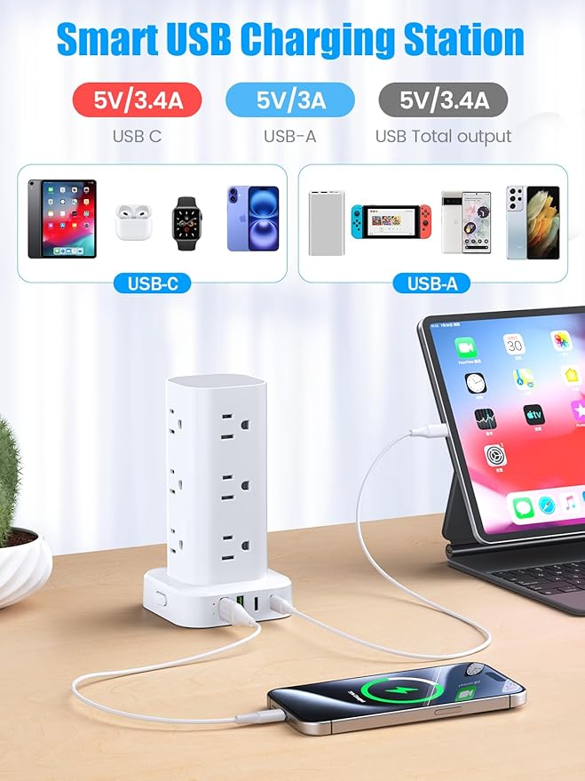 Tower Power Strip with 15W Wireless Charger, 10FT Flat Plug Extension Cord with - Image 5