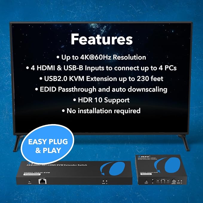 OREI 4x1 KVM 4K HDMI Over Ethernet Extender Switcher Balun Over CAT6/7 Cable - Image 3