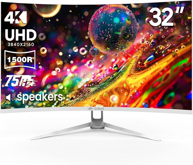 CRUA 32" White Curved Monitor, 4K UHD 1500R VA Screen, 75Hz Computer Monitor - Image 2