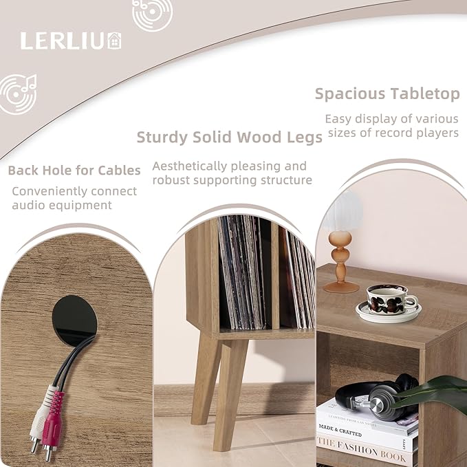 Lerliuo Record Player Stand, Oak Turntable Stand Holds up to 160 Albums - Image 6