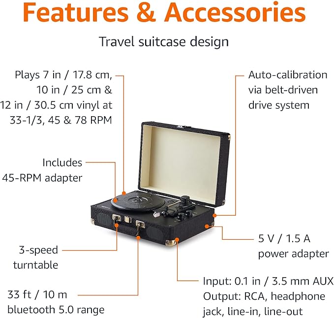 Amazon Basics Portable Suitcase Vinyl Turntable Record Player - Image 2