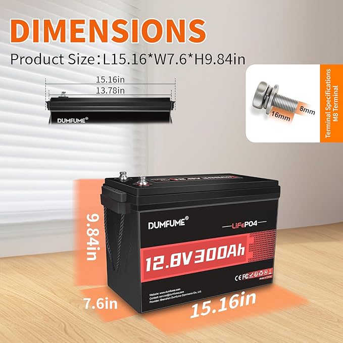 12V 300Ah Lithium LiFePO4 Battery, 200A BMS Max.3840W Load Power, Rechargeable - Image 3