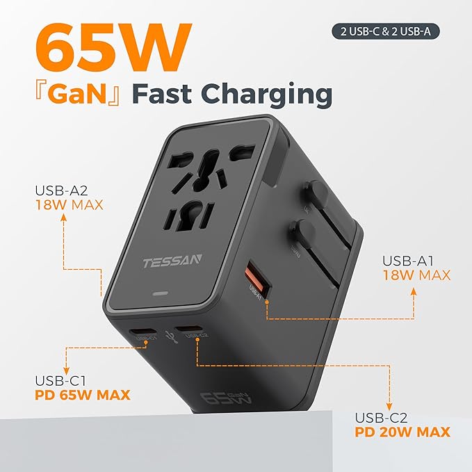 TESSAN Universal Travel Adapter, 65W International Power Adapter - Image 3