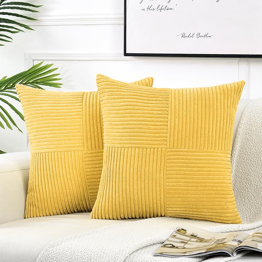 Fancy Homi 2 Packs Yellow Decorative Throw Pillow Covers 20x20 Inch for Living Room Couch Bed Sofa, Rustic Farmhouse Boho Home Decor, Soft Corss Corduroy Patchwork Accent Square Cushion Case 50x50 cm
