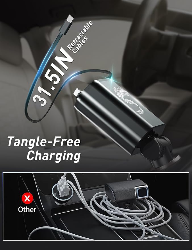 Retractable Car Charger USB C Fast Charging 120W, Car Accessories Cigarette - Image 3