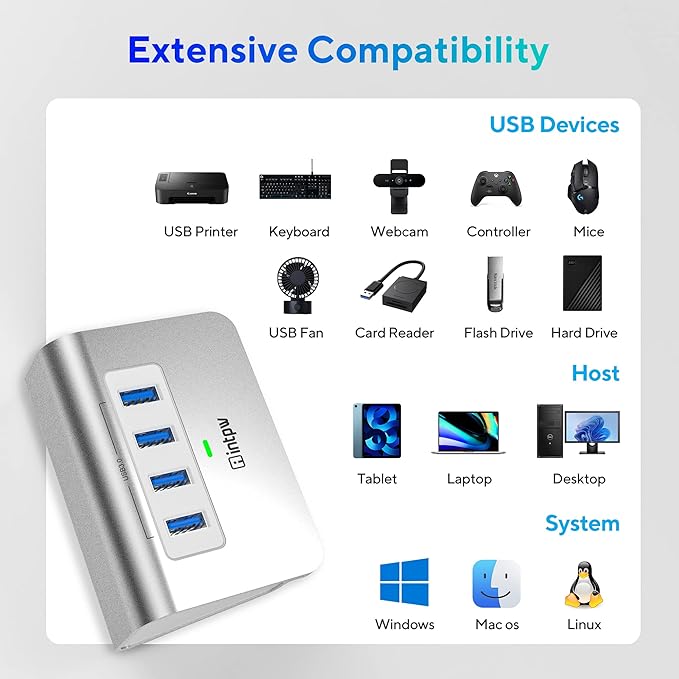 intpw USB 3.0 Hub, Aluminum 4 Port USB Data Hub 3.0 Port Extender Splitter - Image 8