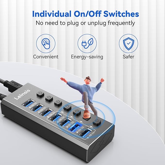Powered USB Hub 3.0, Leinsis 7-Port USB 3.0 Hub 7 Data Transfer Ports+ 4 Smart - Image 5